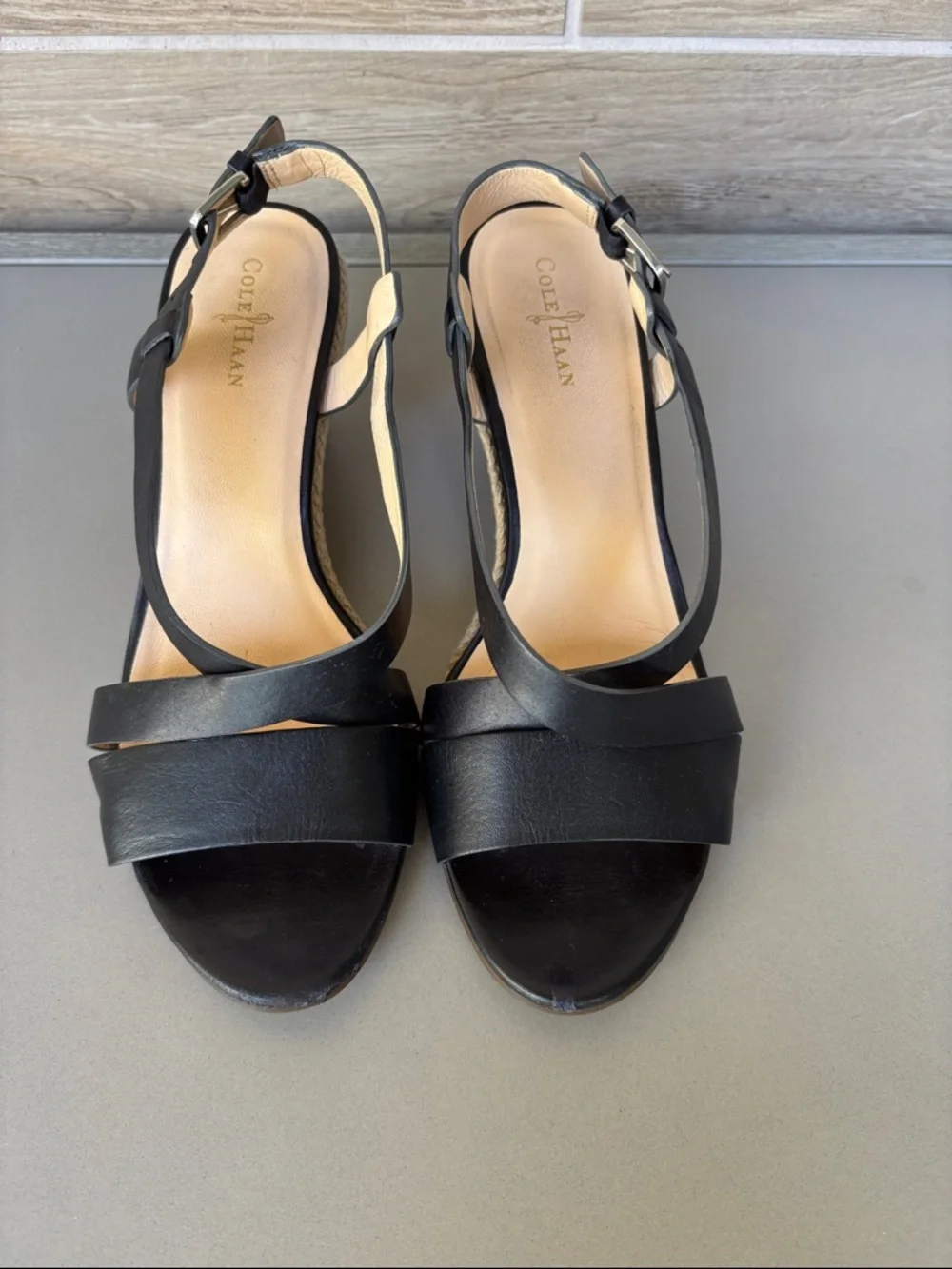 Cole Haan Black Leather Espadrille Taylor Wedge Sandal 7B